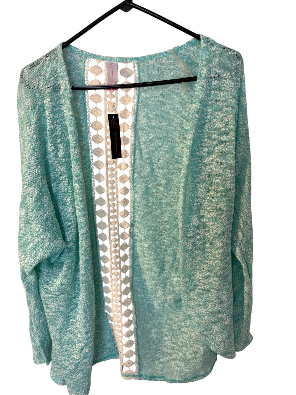 No Boundaries Mint Green Open Front Cardigan with Lace Trim